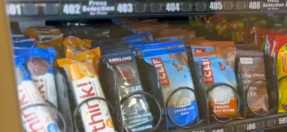 Protein bars stocked in a vending machine