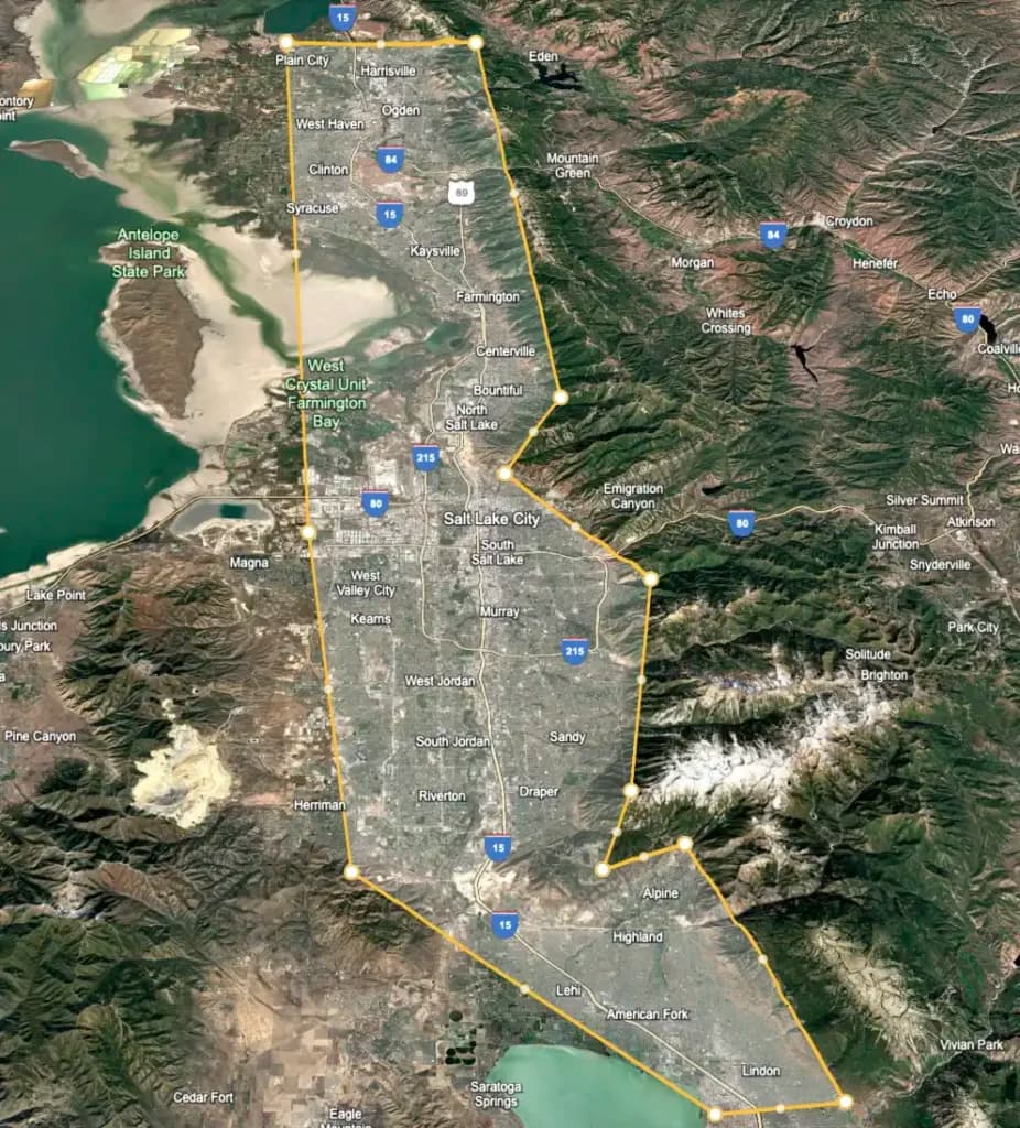 Rocky Mountain Vending service area map covering Salt Lake City, Ogden, Provo and surrounding Utah cities