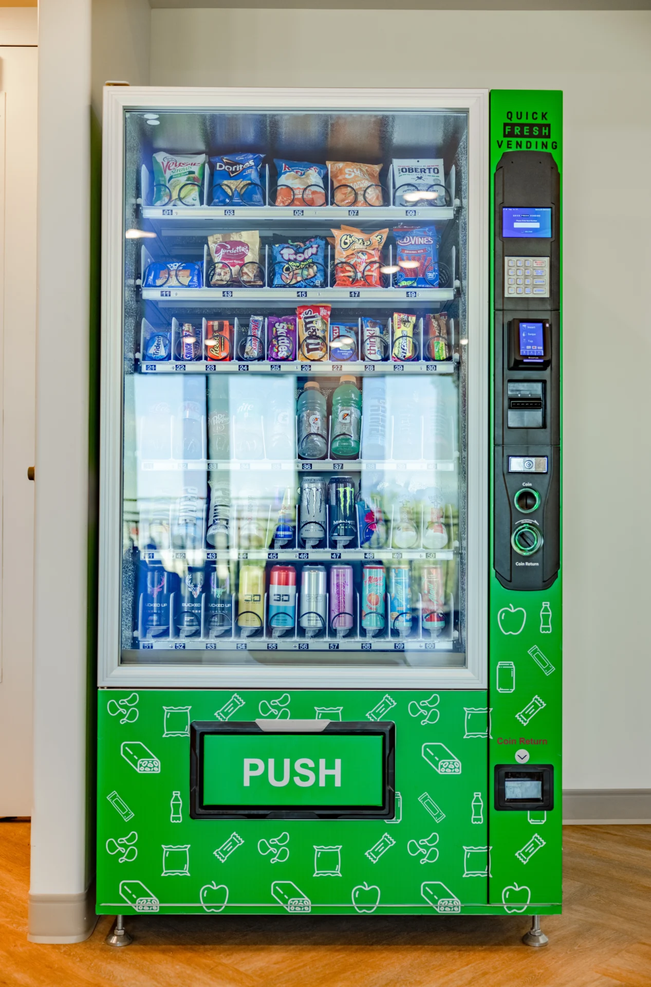 Quick Fresh Vending QFV 50 combo vending machine showcasing dual compartments for snacks and drinks, with dimensions and payment system details.